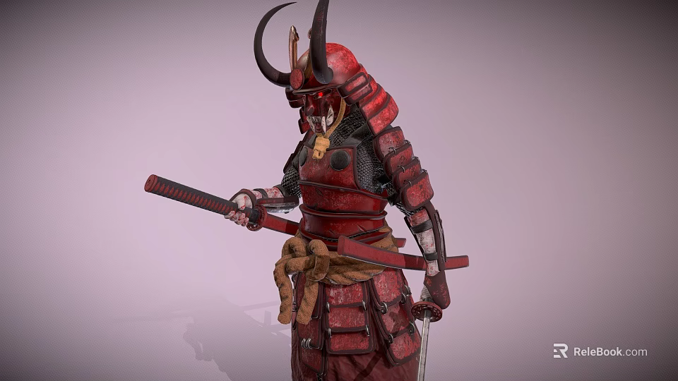 Mythical Samurai Character with Horns and Red Armor as Creature Warrior Holding Sword 3d model 