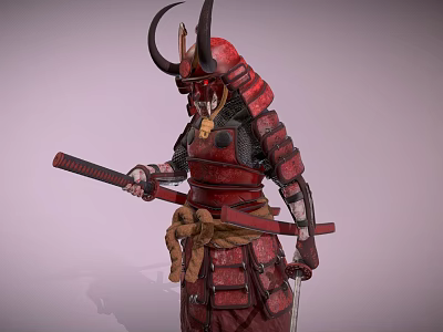 Mythical Samurai Character with Horns and Red Armor as Creature Warrior Holding Sword 3d model