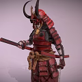 Mythical Samurai Character with Horns and Red Armor as Creature Warrior Holding Sword 3d model