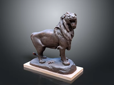 Bronze Standing Lion Statue With Open Mouth And Square Wooden Base 3d model