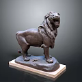 Bronze Standing Lion Statue With Open Mouth And Square Wooden Base