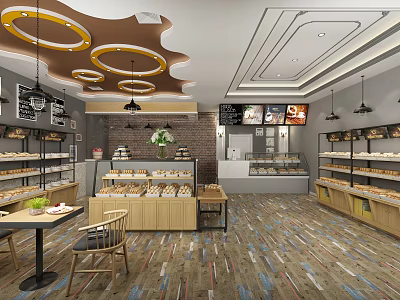 Dessert Shop Interior Design With Display Shelves Desserts Pendant Lights Tables Chairs And Wooden Counter 3d model
