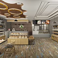 Dessert Shop Interior Design With Display Shelves Desserts Pendant Lights Tables Chairs And Wooden Counter