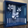 Creative Blue Window Display Design with White Paper Flowers and Striped Background 3d model