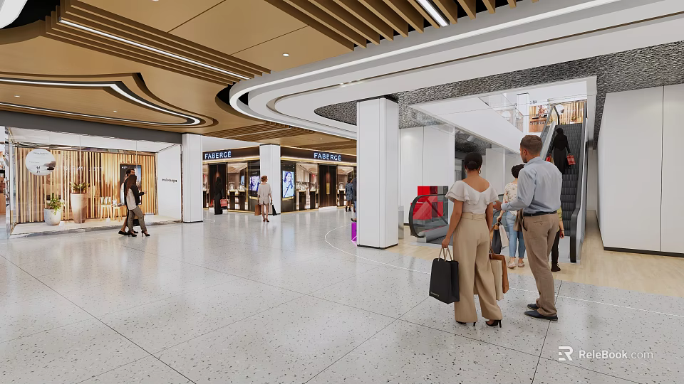 Spacious Modern Shopping Mall Lobby With People Walking Shops Escalator And Bright Lighting 3d model 