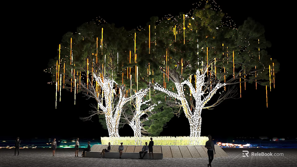 Illuminated Trees with Hanging Light Decorations at Nighttime People Gathered Underneath and Bright Trunks 3d model 