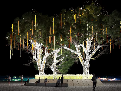 Illuminated Trees with Hanging Light Decorations at Nighttime People Gathered Underneath and Bright Trunks 3d model