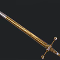 Ornate Golden Decorative Sword With Intricate Carvings And Gemstone Handle