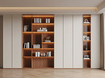 Modern Home Bookcase With LED Lighting White Panel And Decorative Items On Shelves 3d model