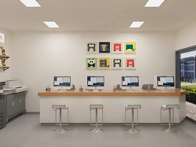 Shop Front Desk With Bar Counter Stools Cartoon Animal Artworks Computers Printer And Green Plants 3d model