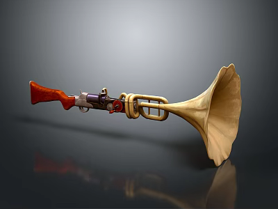 Unique Firearm Horn Hybrid Device With Red Wooden Stock And Brass Bell 3d model