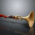 Unique Firearm Horn Hybrid Device With Red Wooden Stock And Brass Bell