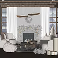 Cozy Christmas Living Room Interior With White Armchairs Wooden Ceiling Large Windows And Fireplace