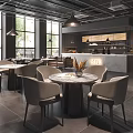 Modern Industrial Restaurant Interior With Round Tables Beige Chairs Bar Counter And Natural Light