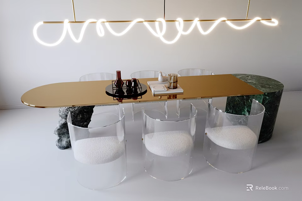 Elegant Golden Dining Table Set With Transparent Chairs White Cushions Marble Base And Curved Chandelier 3d model 