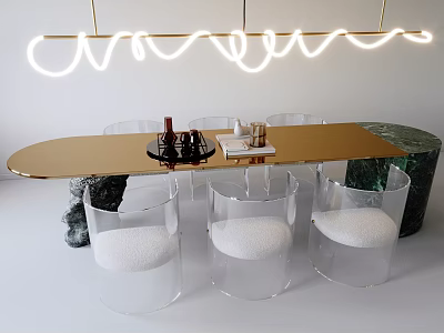 Elegant Golden Dining Table Set With Transparent Chairs White Cushions Marble Base And Curved Chandelier 3d model