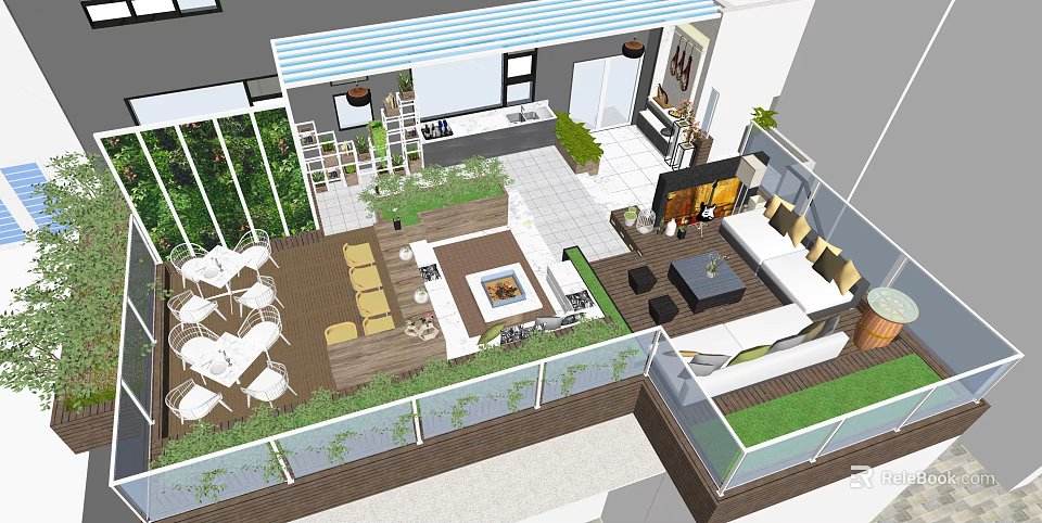 Outdoor Garden Landscape Design With Wooden Deck Green Plants And Leisure Seating 3d model 