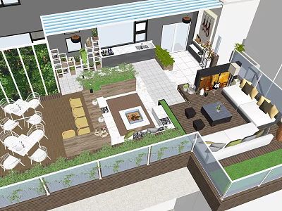 Outdoor Garden Landscape Design With Wooden Deck Green Plants And Leisure Seating 3d model