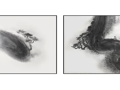 Traditional Chinese Ink Painting Art With Mountain Pine And Cloud Elements 3d model