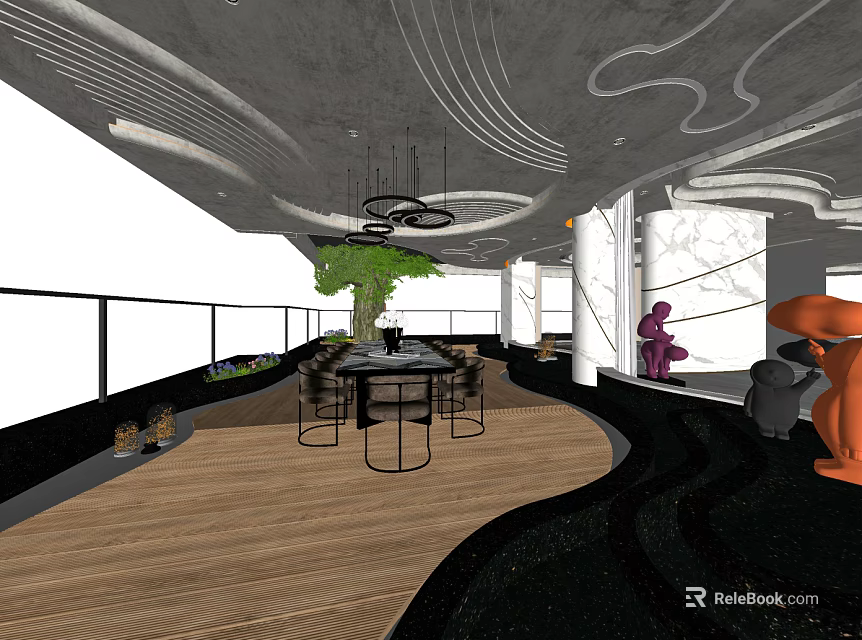 Modern Private Room Interior With Wooden Floor Round Table And Hanging Green Plant 3d model 