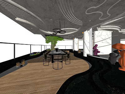 Modern Private Room Interior With Wooden Floor Round Table And Hanging Green Plant 3d model