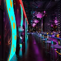 Stylish Bar Interior With Neon Lights Purple Lighting Comfortable Sofa Seats And Bar Counter