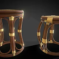 Handcrafted Wooden Stools With Rattan Seats Curved Legs And Woven Straps Design