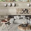 Natural Light Gray Sofa and Wooden Coffee Table Set With Wall Art and Ceramic Vases