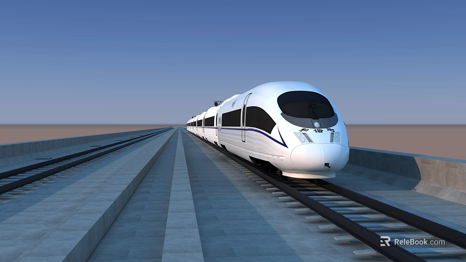 White Streamlined High Speed Train Running On Railway Tracks Under Blue Sky 3d model