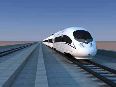 White Streamlined High Speed Train Running On Railway Tracks Under Blue Sky 3d model
