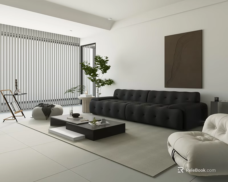 Modern Living Room Interior With Black Sofa White Armchair Green Plant Coffee Table 3d model 