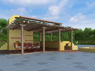Outdoor Wooden Pergola With Seating Fireplace Stone Floor And Greenery 3d model