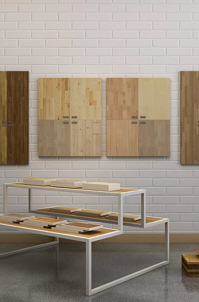 Various Wooden Floor Samples With Different Colors And Textures On Wall And Display Table 3d model