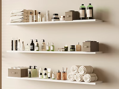 Organized White Shelves With Rolled Towels Bottles Jars And Daily Laundry Essentials 3d model
