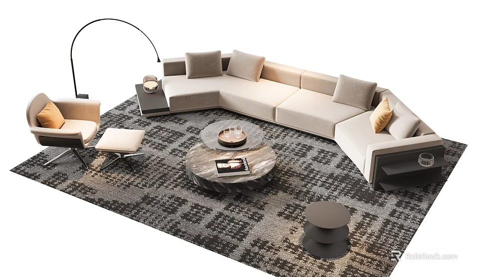 Modern L Shaped Sofa and Coffee Table Set with Marble Top Cushions and Patterned Rug 3d model