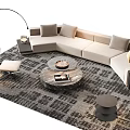 Modern L Shaped Sofa and Coffee Table Set with Marble Top Cushions and Patterned Rug 3d model