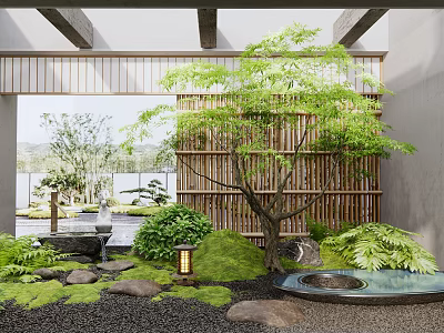Tranquil Japanese Garden With Bamboo Screen Green Plants Waterfall Stones Lantern And Water Basin 3d model