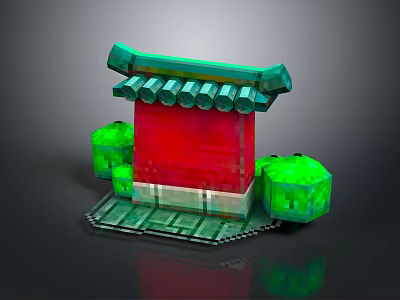 Traditional Chinese Landscape With Red Structure Green Roof And Decorative Green Elements 3d model