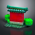 Traditional Chinese Landscape With Red Structure Green Roof And Decorative Green Elements