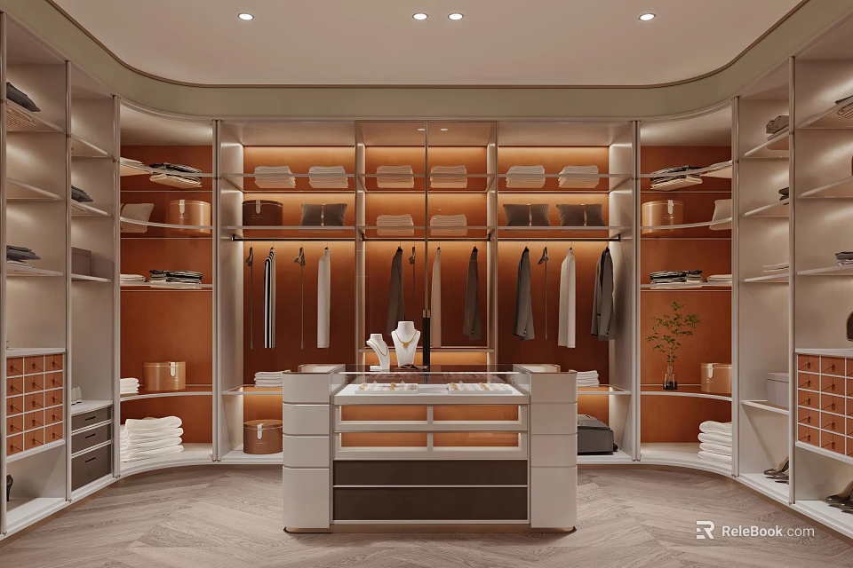 Elegant Modern Walk in Closet Design With Cabinets Shelves Hanging Rods And Vanity 3d model 