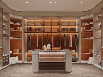 Elegant Modern Walk in Closet Design With Cabinets Shelves Hanging Rods And Vanity 3d model