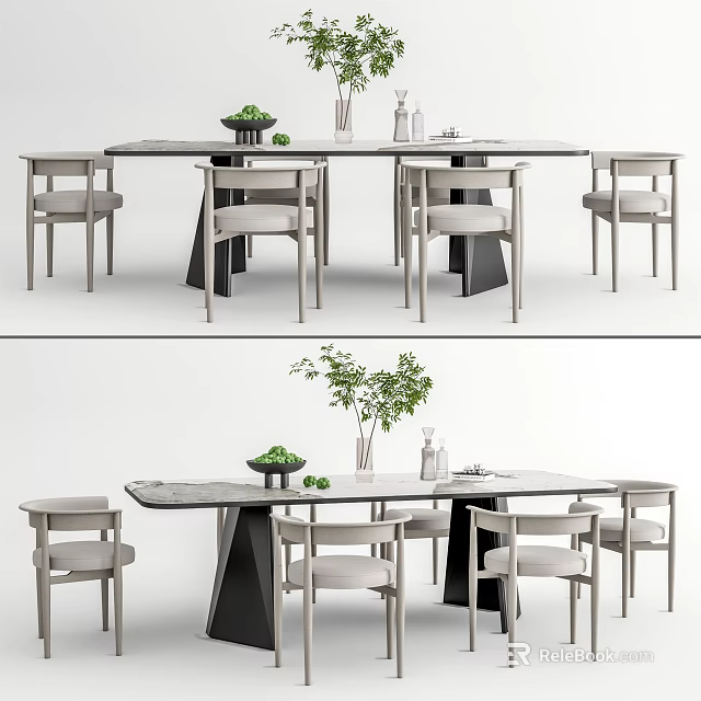 Modern Dining Table Set With Marble Tabletop Gray Chairs And Green Plants 3d model