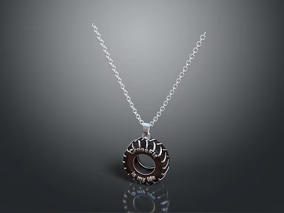 Stylish Silver Chain Necklace With Tire Tread Pendant And Black Center Design 3d model