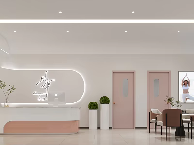 Modern Fitness Studio Reception With Soft Decor And Green Plants 3d model