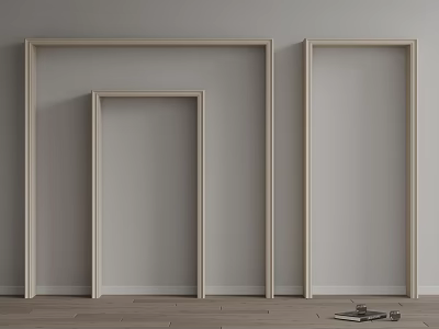 Three Different Sizes Light Colored Wooden Door Arches Standing Against Gray Wall On Wooden Floor 3d model