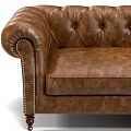 Brown Leather Two Seater Sofa with Tufted Back Wooden Legs and Brass Nailhead Trim