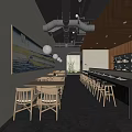 Mall Restaurant Café Interior With Wooden Tables Chairs Bar Counter Wall Painting Pendant Lights Wine Shelves