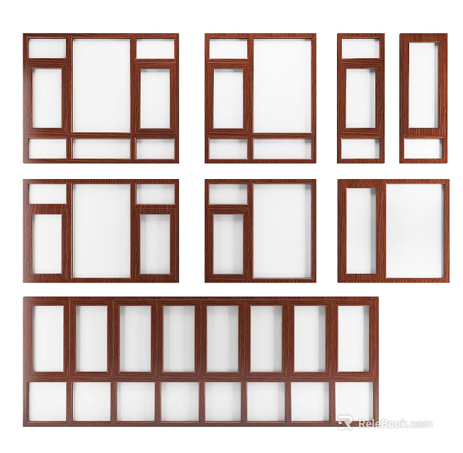 Various Wooden Window Frame Designs With Different Structural Styles And Sizes 3d model