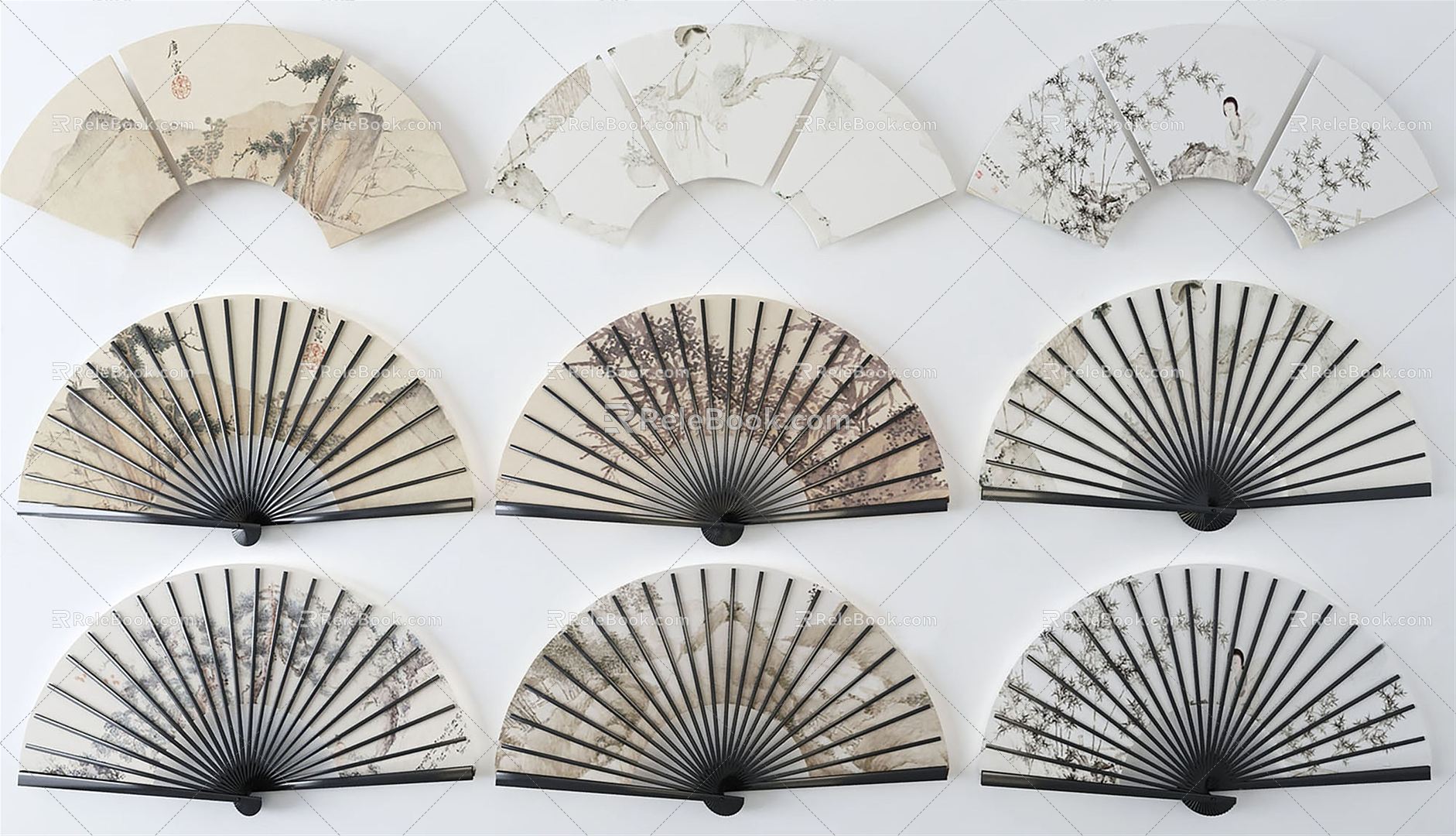 New Chinese style fan wall decoration combination 3d model