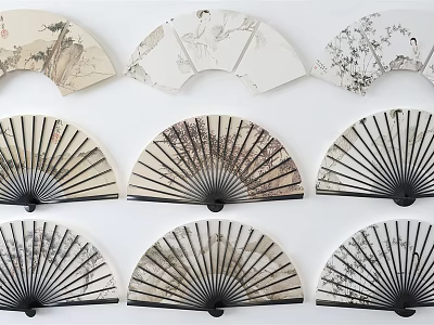 Traditional Chinese Fan Wall Hangings With Artistic Painted Designs For Home Decor 3d model